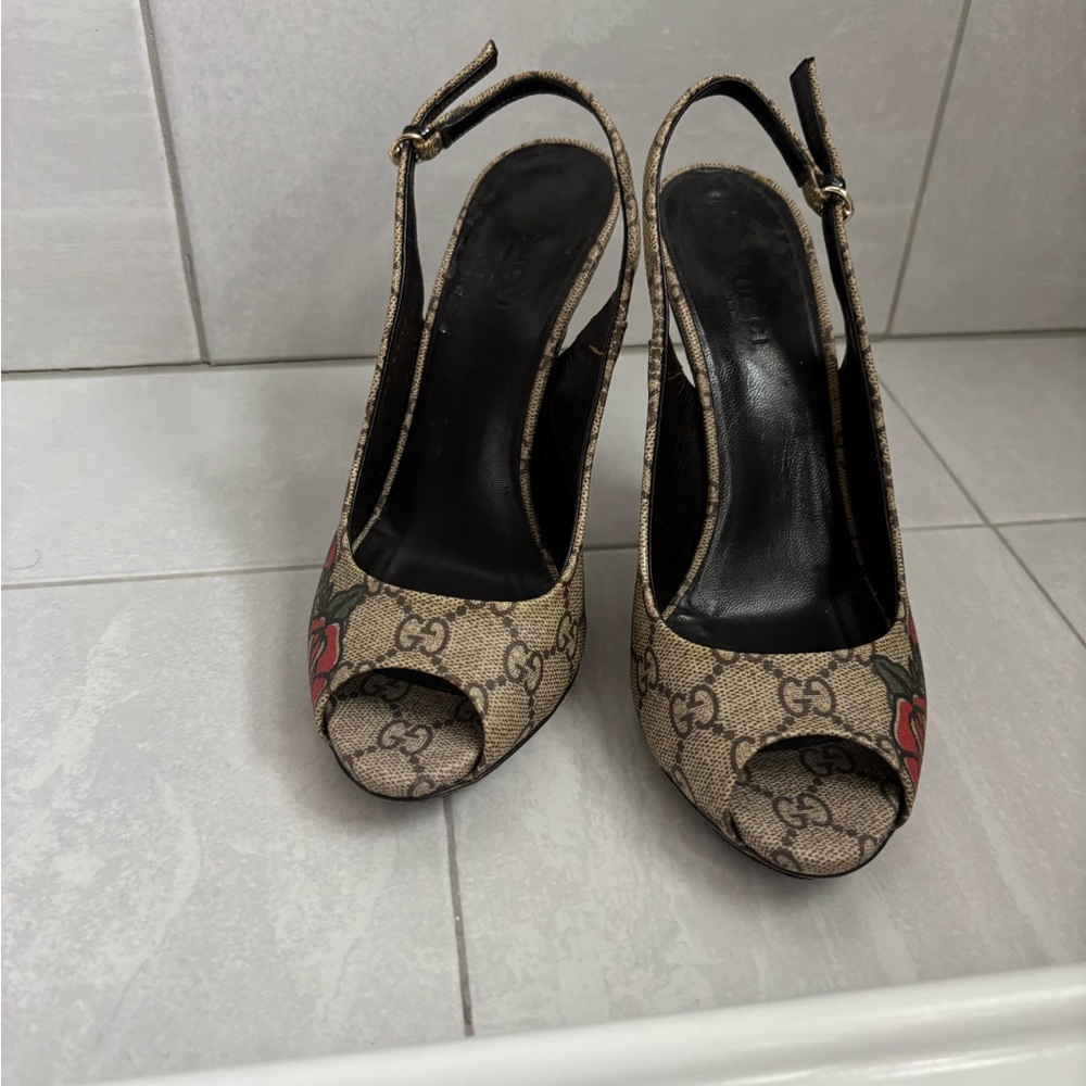 Gucci Beige and Black Peep Toe Slingback Heels
